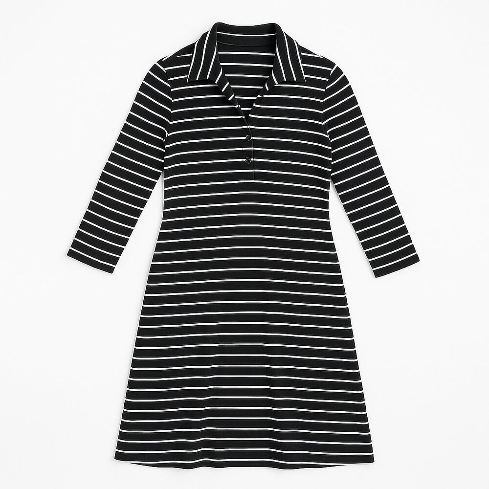 Lands' End Black‎ White Striped Polo Dress Activewear Athleisure Preppy Golf